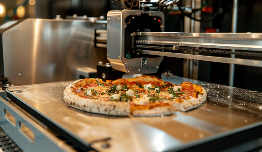 Robotic arm in action placing a freshly baked pizza into a box in a high-tech automated pizzeria.