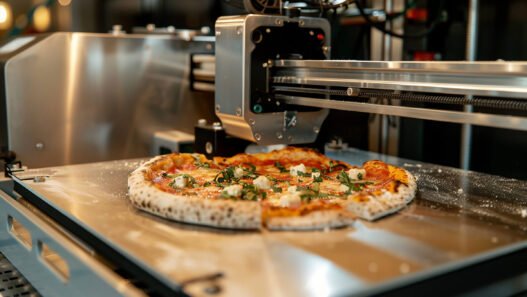 Robotic arm in action placing a freshly baked pizza into a box in a high-tech automated pizzeria.