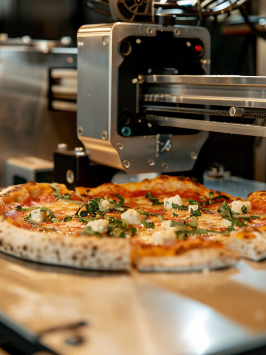 Robotic arm in action placing a freshly baked pizza into a box in a high-tech automated pizzeria.