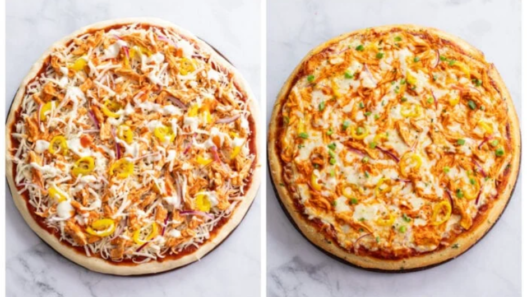 Homemade buffalo chicken pizza topped with shredded chicken coated in hot sauce, melted mozzarella, and ranch drizzle.