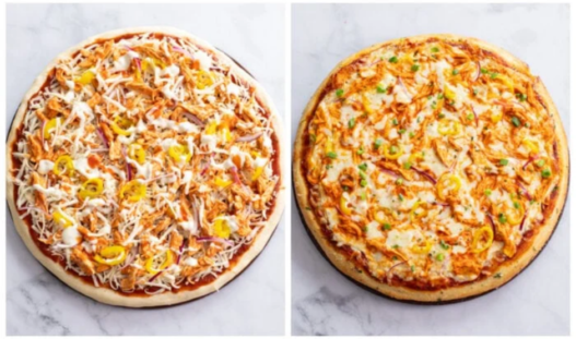 Homemade buffalo chicken pizza topped with shredded chicken coated in hot sauce, melted mozzarella, and ranch drizzle.