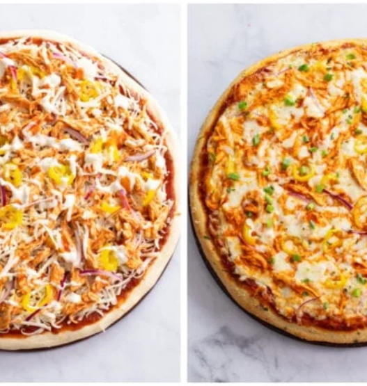 Homemade buffalo chicken pizza topped with shredded chicken coated in hot sauce, melted mozzarella, and ranch drizzle.