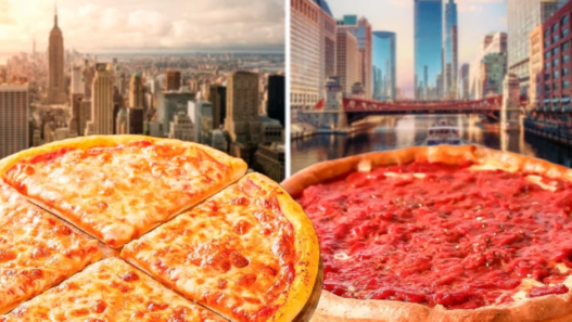Side‑by‑side of Chicago deep‑dish and New York thin‑crust pizza, highlighting crust thickness contrast.