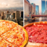 Side‑by‑side of Chicago deep‑dish and New York thin‑crust pizza, highlighting crust thickness contrast.