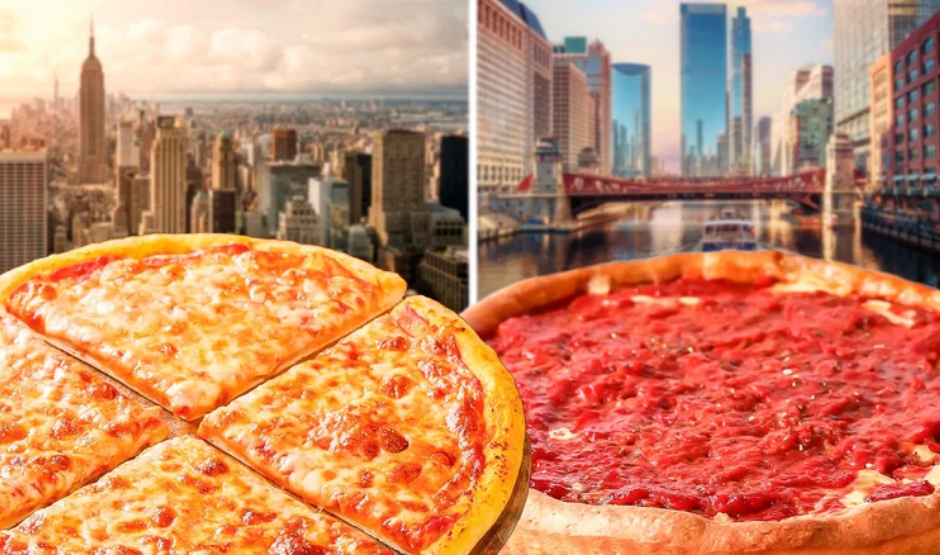 Side‑by‑side of Chicago deep‑dish and New York thin‑crust pizza, highlighting crust thickness contrast.
