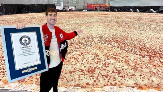 Aerial view of Pizza Hut’s world-record-breaking giant pizza, officially recognized by Guinness World Records as the largest pizza ever made.