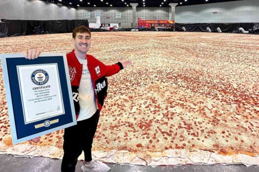 Aerial view of Pizza Hut’s world-record-breaking giant pizza, officially recognized by Guinness World Records as the largest pizza ever made.