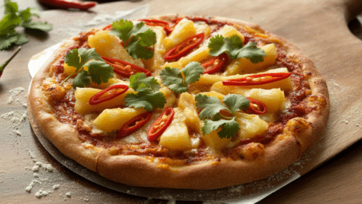 Overhead view of pineapple red chili cilantro pizza with golden crust, fresh herbs, and spicy chilies on a wooden board