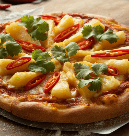 Overhead view of pineapple red chili cilantro pizza with golden crust, fresh herbs, and spicy chilies on a wooden board