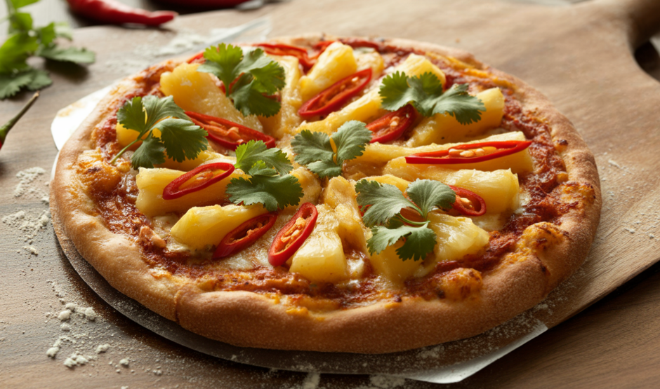 Overhead view of pineapple red chili cilantro pizza with golden crust, fresh herbs, and spicy chilies on a wooden board