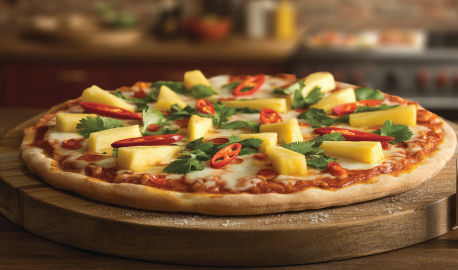 Overhead view of pineapple red chili cilantro pizza with golden crust, fresh herbs, and spicy chilies on a wooden board
