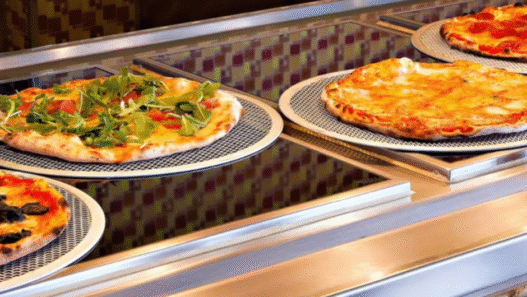 Carnival cruise pizza station with freshly baked slices on a late-night deck