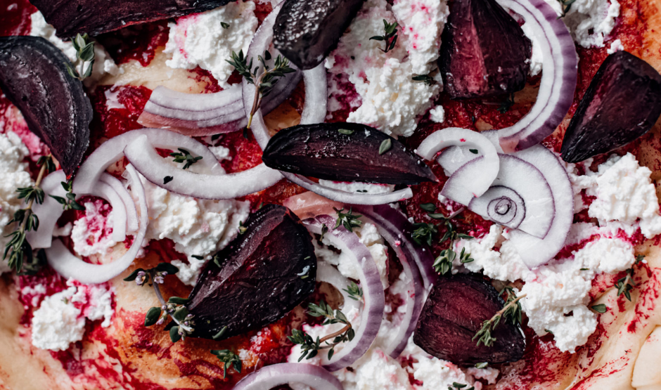 California Sunset Pizza with Ricotta & Roasted Beets topped with thyme and lemon zest