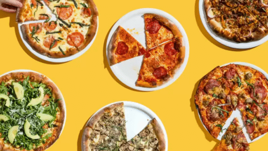 Aerial view of Sicilian-style pizza from Prime Pizza in Los Angeles.