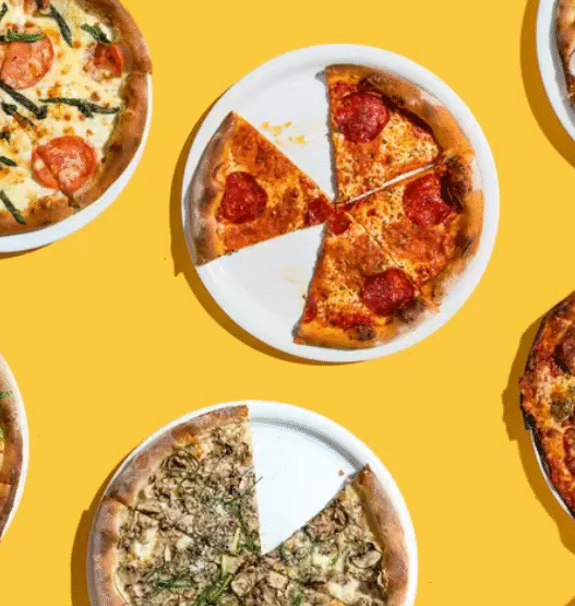 Aerial view of Sicilian-style pizza from Prime Pizza in Los Angeles.
